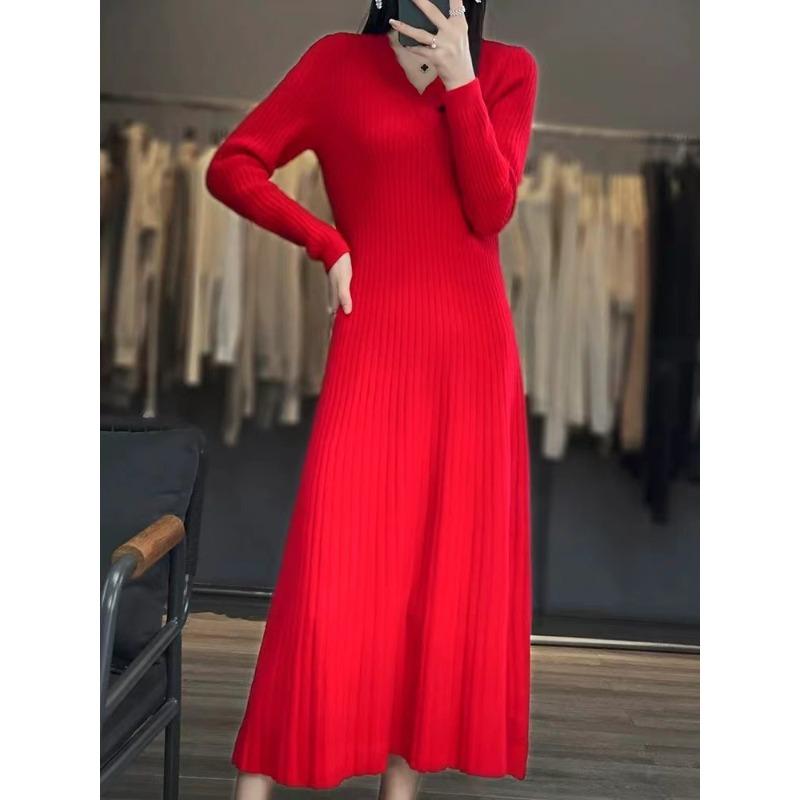 

Осень и зима новый приталенный и тонкий с пальто вязаное платье женская мода средней длины до колена свитер юбка one size fits all красный