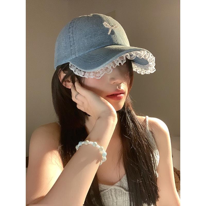 Lace lace denim baseball cap women's big head circumference showing face small cap three-dimensional pearl bow hat