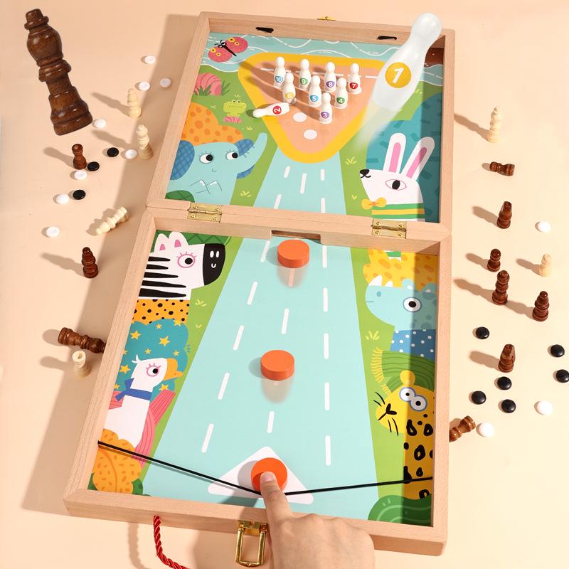 Double-Sided 4-in-1 Wooden Game Set: Chess, Five-in-a-Row, Go, Bowling - Children's Educational Toy