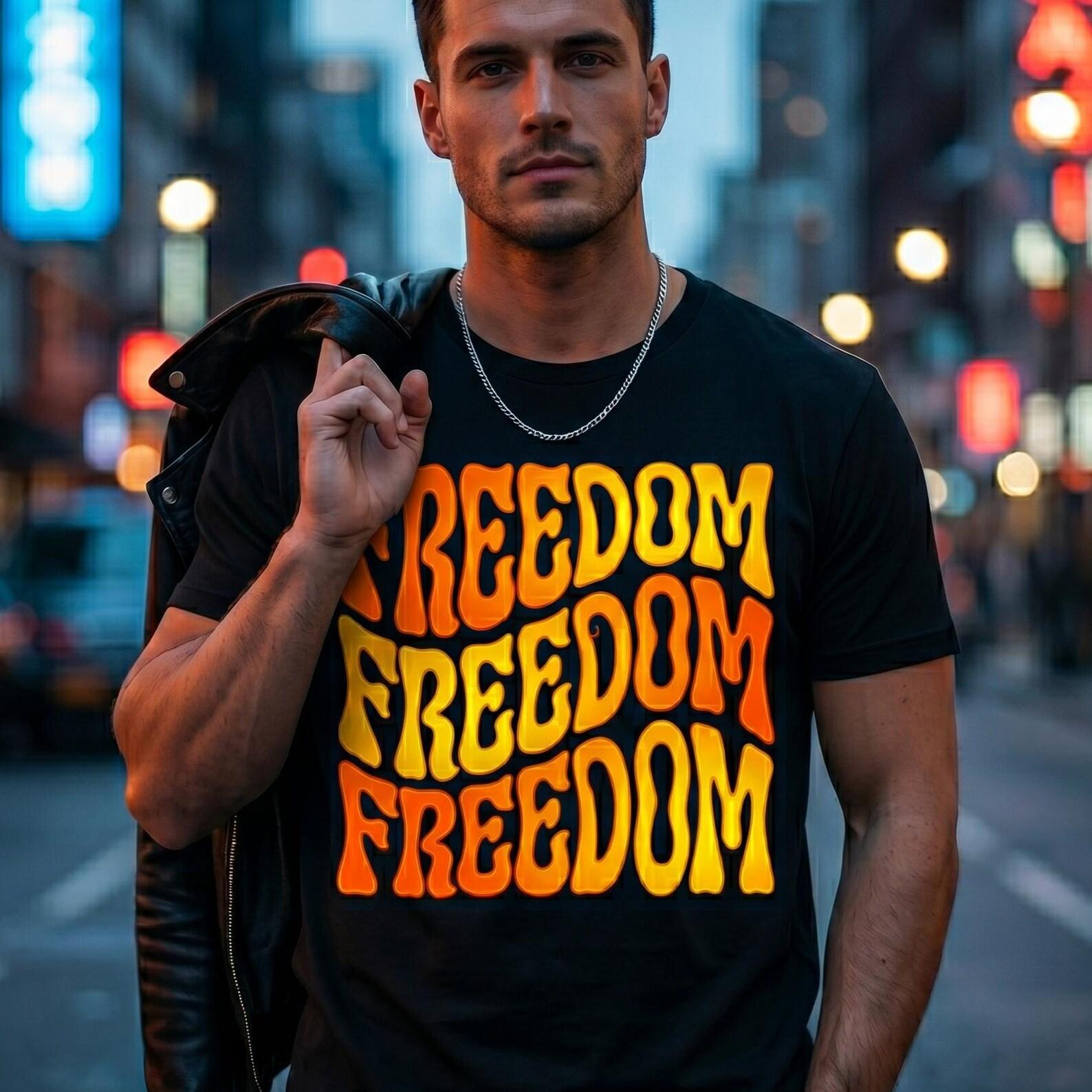 Retro Stacked Freedom Shirt 70s Inspired Graphic Tee Vintage Vibe Cotton Top 3XL
