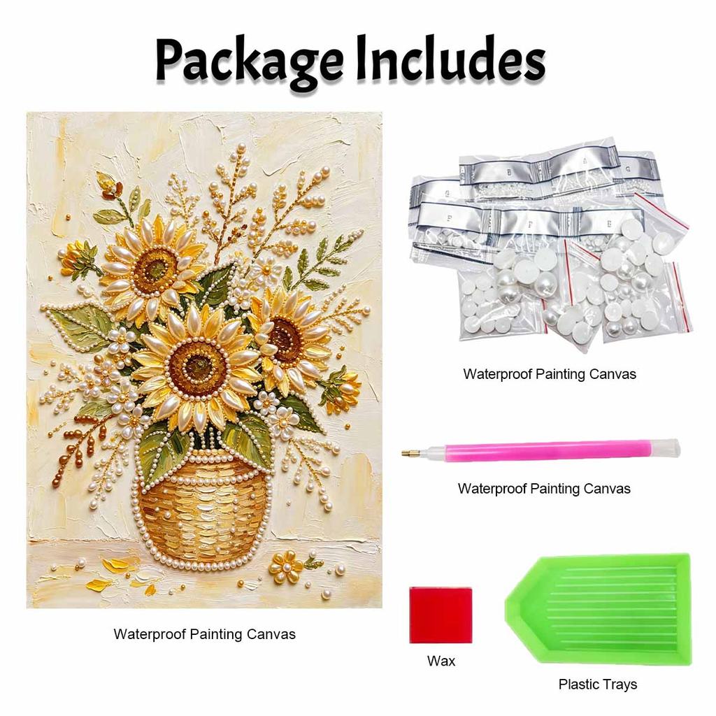 Sunflower Pearl Painting Handmade DIY 5D Creative Ornaments Living Room Home Decoration Painting with Basket Vase and Accents (129)