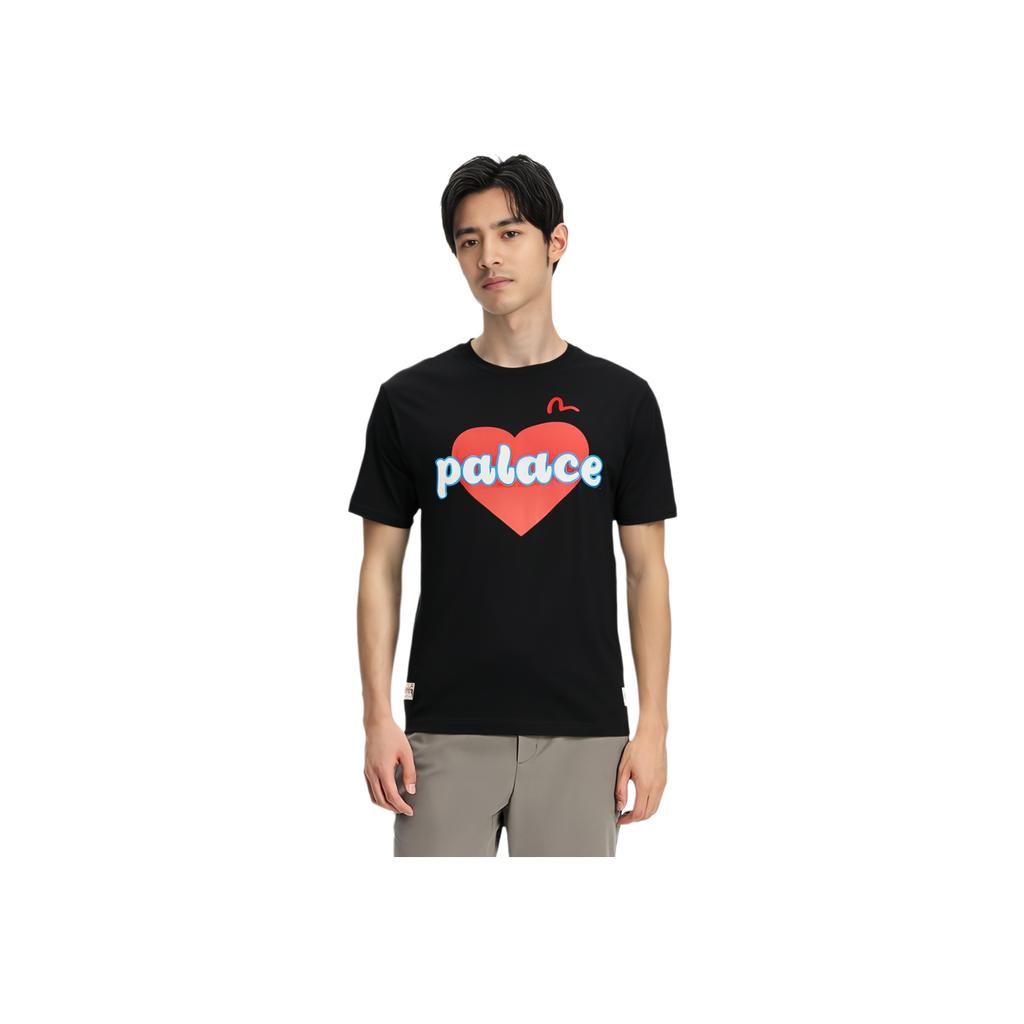 Palace X Evisu Co-Branded 3.0 SS23 Solid Color Logo Heart Print Short Sleeve T-Shirt Unisex Tops Black P24EVES005