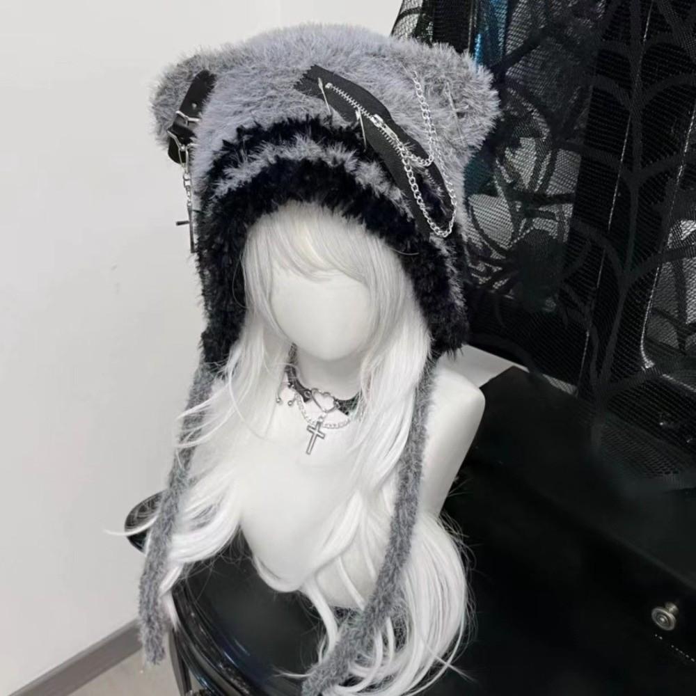 

Cute Fluffy Gothic Harajuku Hat Knitted Little Bone Cross Star Punk Lolita Hat Y2K Style Beanie Hat