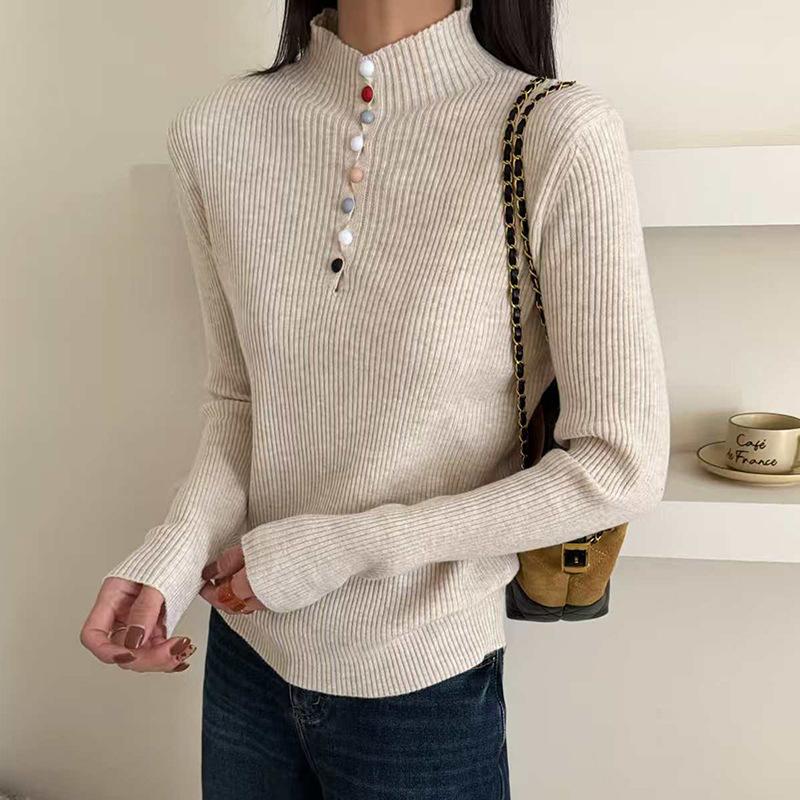 

Women s Ribbed Mock Neck Sweater Colorful Button Decor Long Sleeve Knit Top Autumn Casual Wear M бежевый