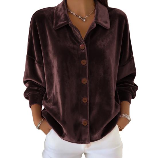 Women Shirt Lapel Long Sleeve Velvet Texture Solid Color Shirt Tops Loose Fit Buttons Placket Commuter Tops Work Wear