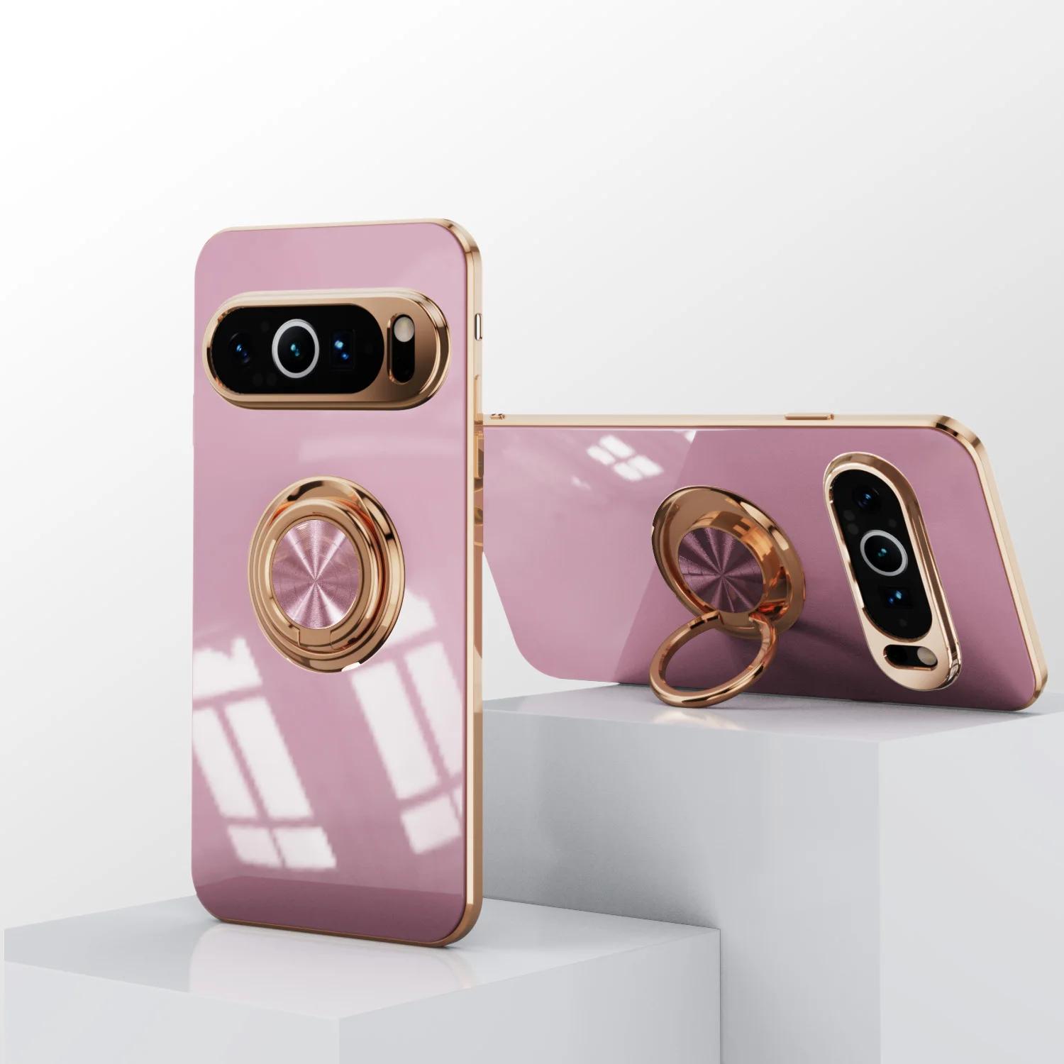 

Роскошный мягкий магнитный чехол для телефона с 6D покрытием для Google Pixel 9 Pro XL 7A 8A 7 8 с металлическим кольцом-держателем и подставкой, задняя крышка For Pixel 9Pro XL