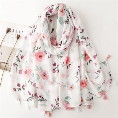 Weißer und rosa Blumen-Damenschal, Schal aus Baumwoll-Leinen-Mischgewebe mit Quasten, Pashmina, muslimischer Hijab, Damen-Viskoseschal, Foulard