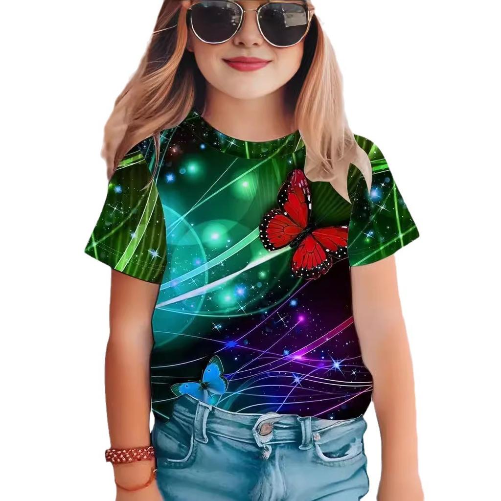 Summer Round Neck 3D Butterfly Pattern Printed Top Fashionable Casual Short Sleeved Children's Girl T-shirts