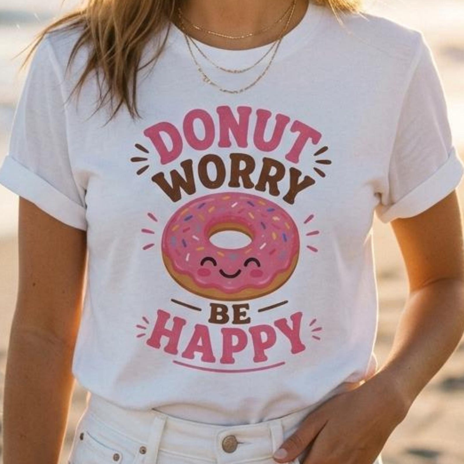 Donut Worry Be Happy T-Shirt for Women | Cute Donut Graphic Tee | Funny Pink Donut Shirt | Kawaii Food T Shirt | Positive Quote Tee S