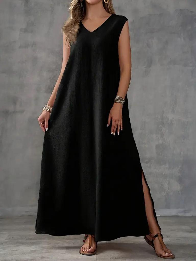 2026 Sleeveless V-Neck Solid Color Two-Piece Slit Dress for Women