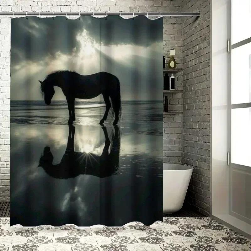 ~O~Mystical Horse Silhouette Waterproof Shower Curtain Heat Resistant Machine Washable Non-Transparent 180x180cm W90xH180cm