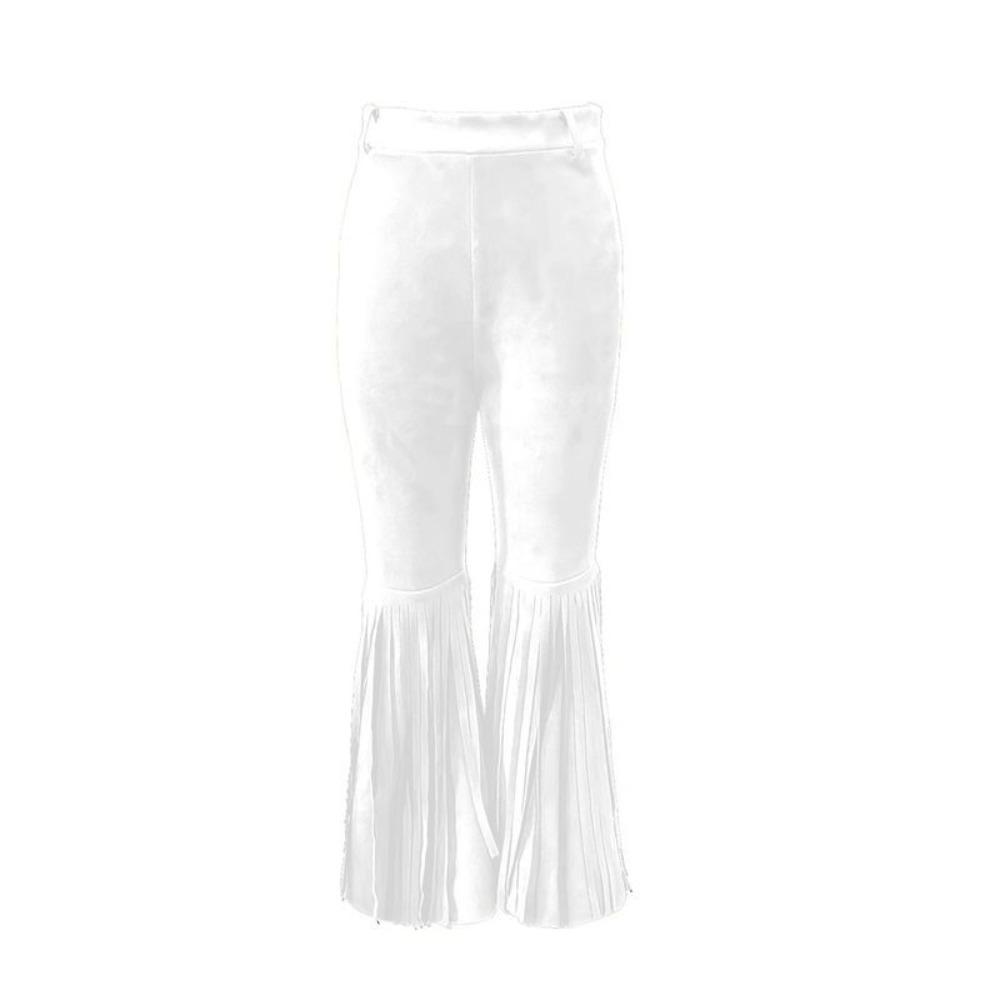 Splicing Design Suede Tassel Pants Fringe Hem Slim Fit Flare Pants Retro High Waist Trousers  Party M белый