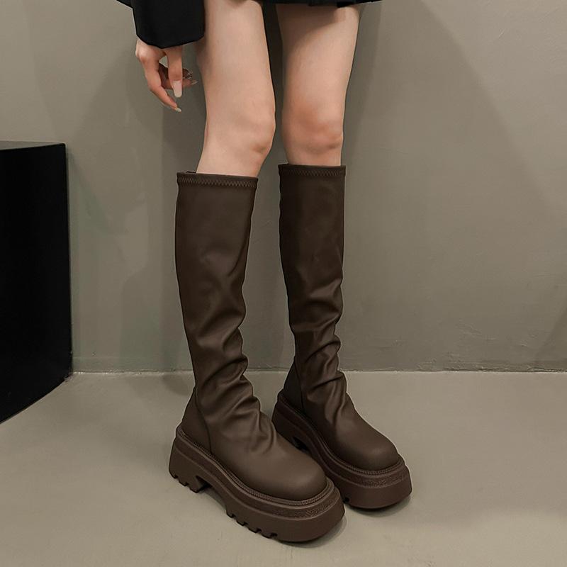 Aber Kniestiefel Damen Herbst neue elastische dünne Stiefel kleine dicksohlige hohe Ritterstiefel