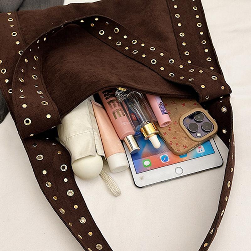 Retro Suede Rivet Shoulder Bags PU Leather Work Purses Large Tote Handbag Slouchy Locomotive for Women Travel Winter Fall