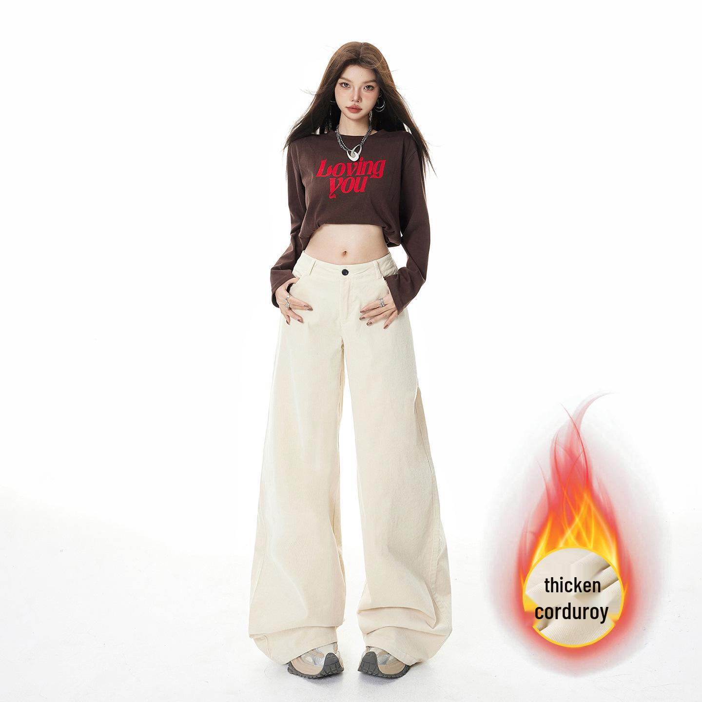 

Women s 2025 Winter Apricot Corduroy Wide-Leg High-Waisted Loose Straight Pants L