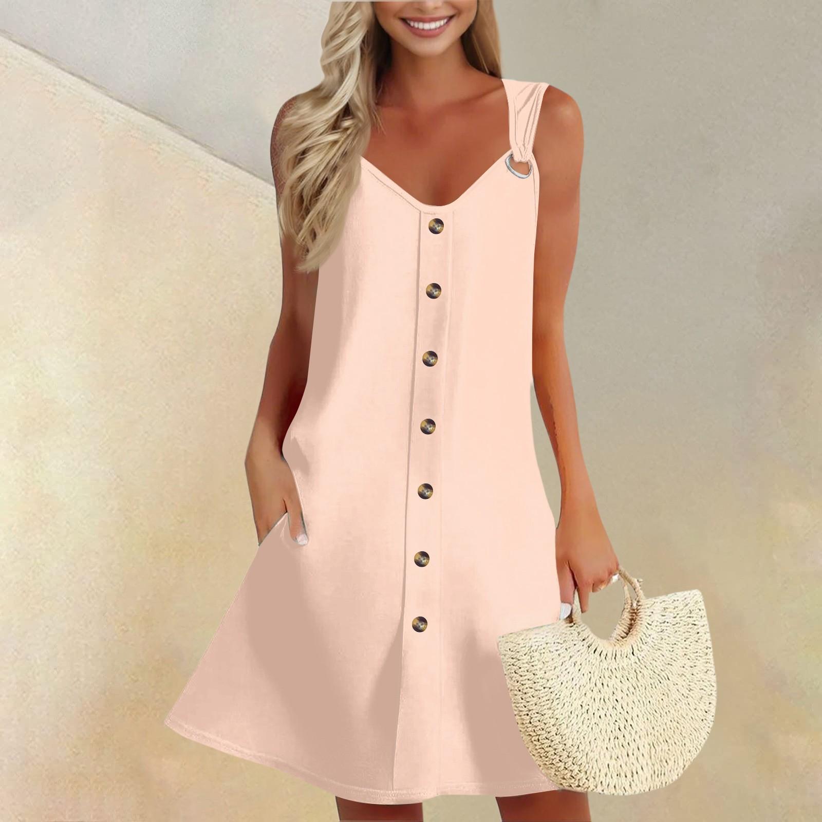 

Женское летнее платье без рукавов, весенний однотонный сарафан с карманами XXXL бежевый