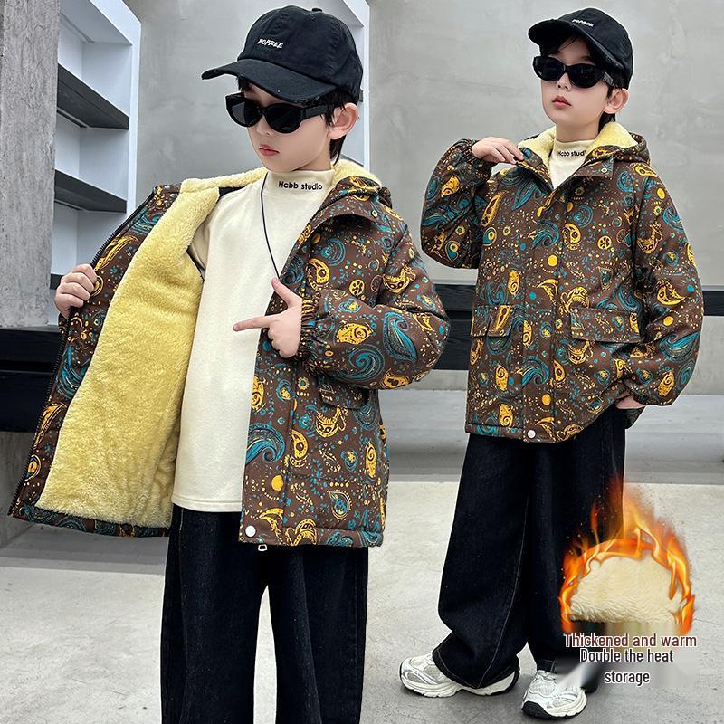 

Детская хлопковая куртка с капюшоном на флисовой подкладке 2025 - Толстая, теплая парка для детей 130 cm цветочный/коричневый