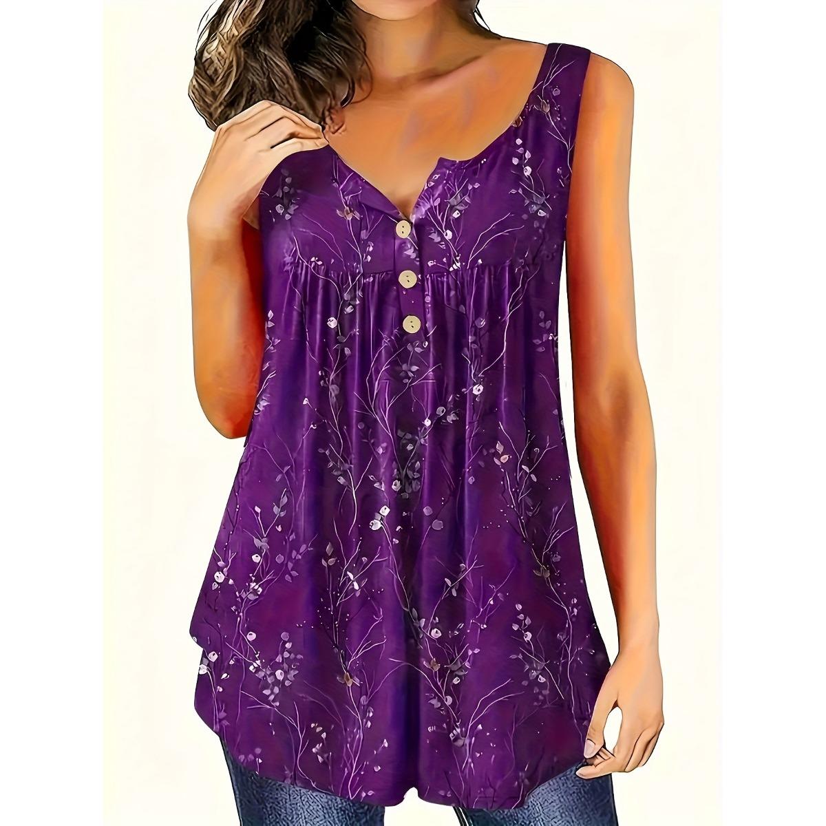 

Women s New Leaf Ditsy Floral Print T-shirt Casual Top for European American S темно-фиолетового