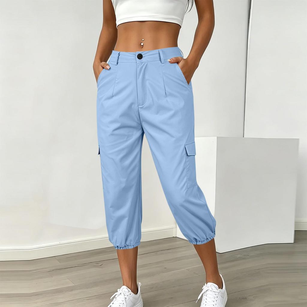 Women Casual Cargo Pants with Pockets Elastic Hem Adjustable Waistband Lightweight Durable Fabric Relaxed Fit
