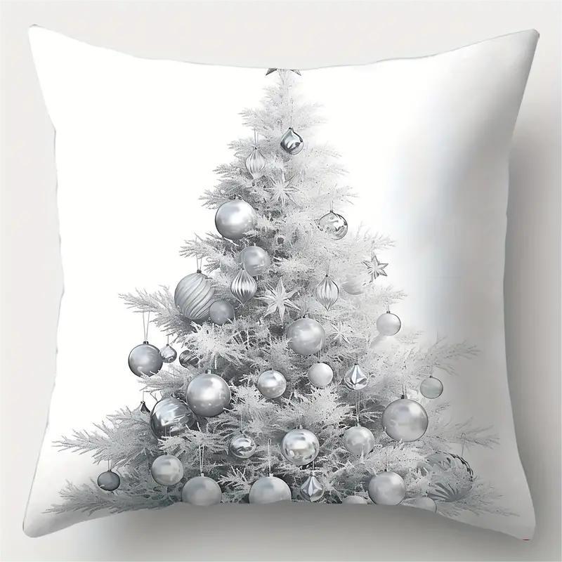 1pc White Christmas Cushion Cover Pine Print Washable Durable Cover 2025 New for Home Ornament Xmas New Year Christmas Decor