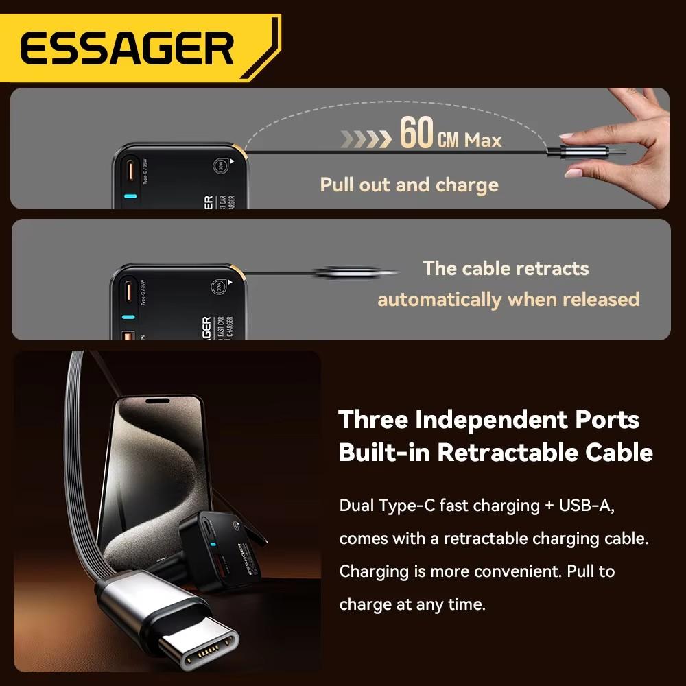 Essager 65W USB C Car Charger 3 Ports with Retractable Cable PD3.0 QC3.0 30W Fast Charging for iPhone 16 15 iPad Samsung Xiaomi