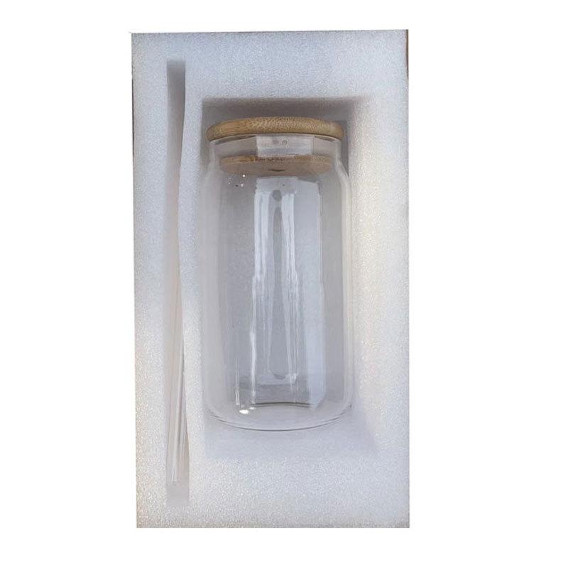 450ml/550ml Glass Cups with Bamboo Lids and Straw 1pc Mason Jars Coffee Mug Beer Can Shaped for Cocktail Milk Juice Cola Gift