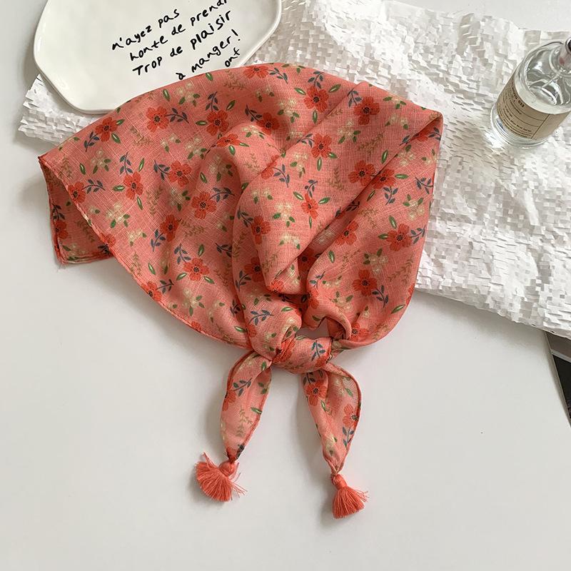 Women's silk scarf square scarf high-end neck protection scarf small fresh decorative floral headscarf hair band fringed hair accessories