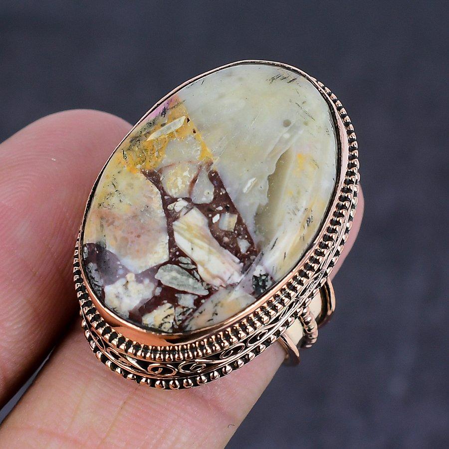 Natural Silver Leaf Jasper Gemstone Handmade Copper Jewelry Ring Size 7 q1O65