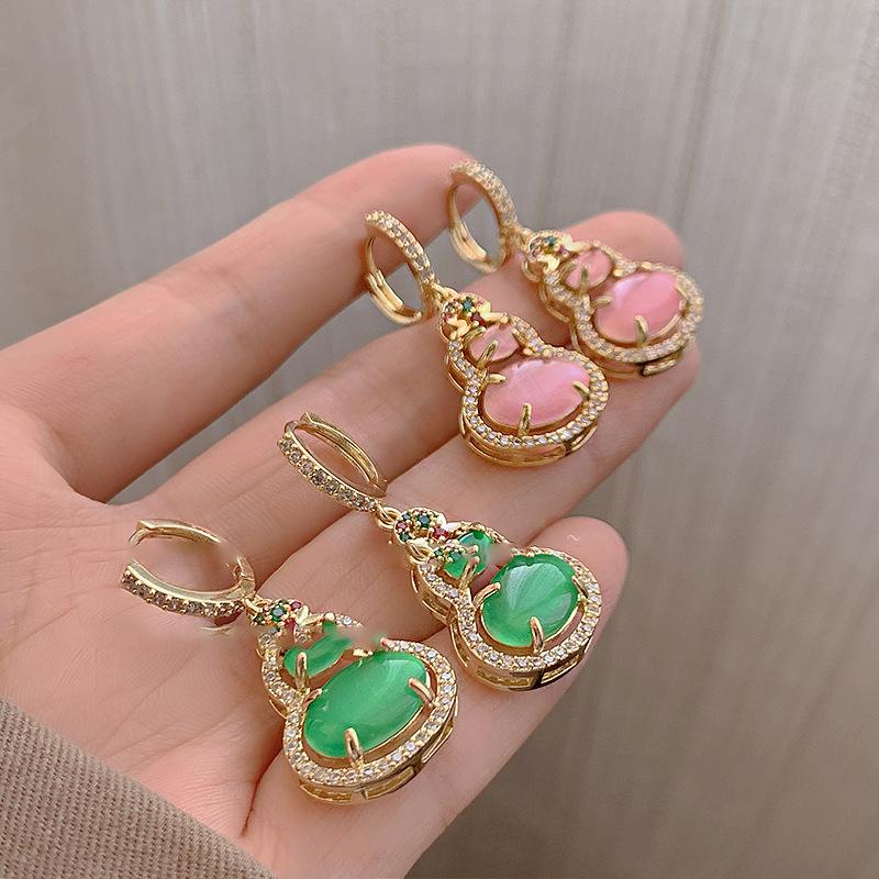 Real gold electroplated zircon gourd pendant ear buckle new versatile earrings light luxury high-end earrings women