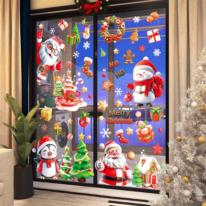 3D Santa Claus & Reindeer Static Clings for Windows - Self-Adhesive Christmas Decorations