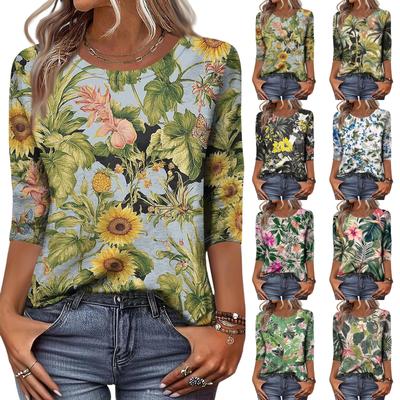 Top Camiseta Casual Feminino Moderno com Gola Redonda, Manga Três Quartos e Estampa