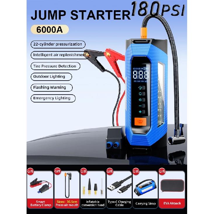 6000A 180psi 5 In1 Car Emergency Battery Pack Light 12v Booster Starting Device Capacitor Compressor Jump Starter With Air Pump