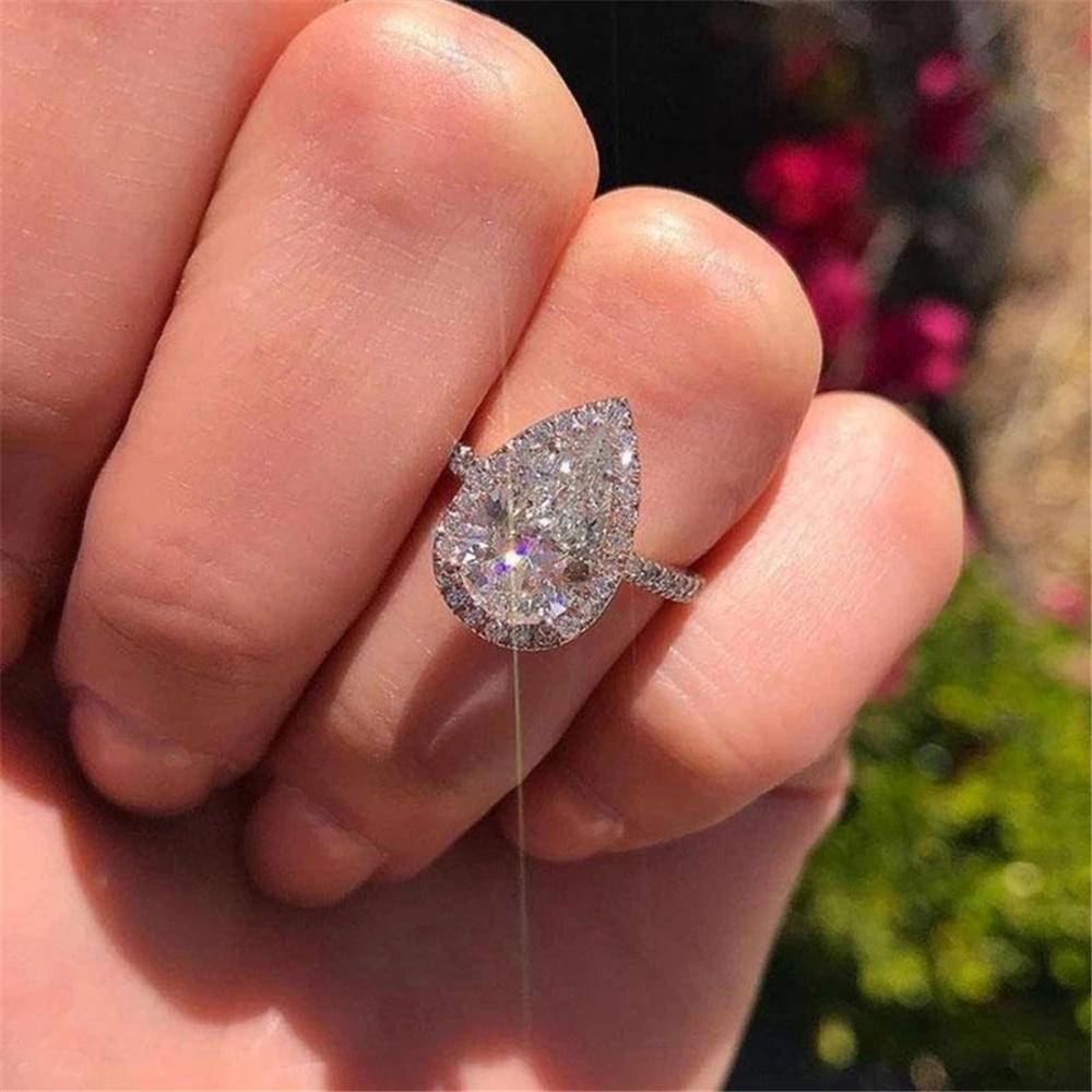 Luxury Female White Zircon Stone Water Drop Engagement Ring Vintage Silver Color Wedding  For Women