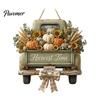 Wooden Autumn Welcome Sign Harvest Pumpkin Truck Hanging for Front Door, Fall Door with Rustic Farmhouse Thanksgiving Decor Hemp Rope, Distressed