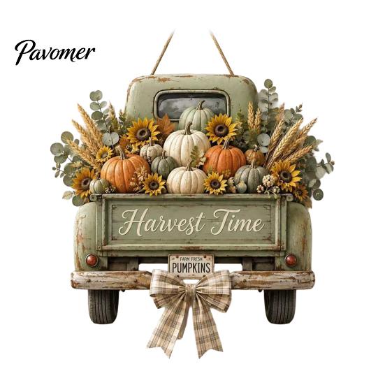 Wooden Autumn Welcome Sign Harvest Pumpkin Truck Hanging for Front Door, Fall Door with Rustic Farmhouse Thanksgiving Decor Hemp Rope, Distressed