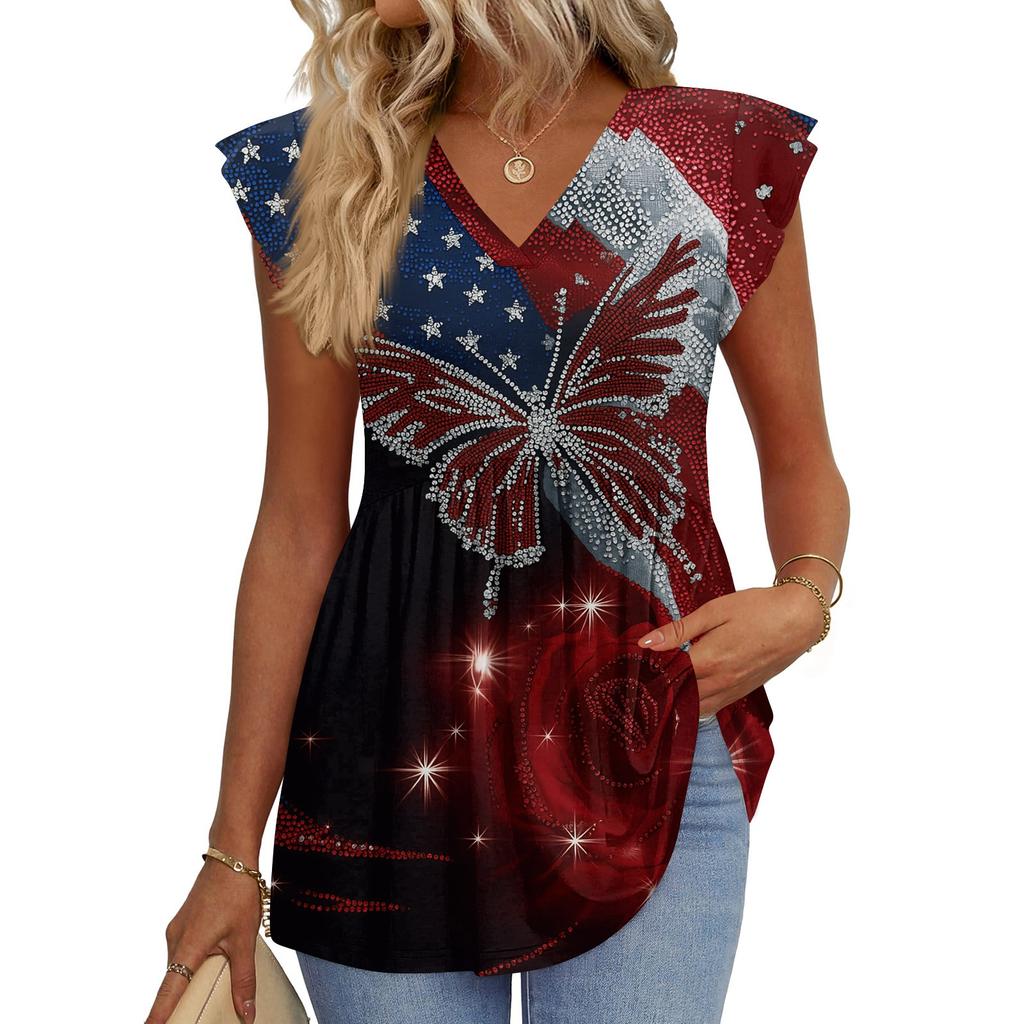 Women’s V Neck Short Sleeve Tunic Top with Flag and Floral Print Loose Fit Soft Fabric Casual Blouse for Summer