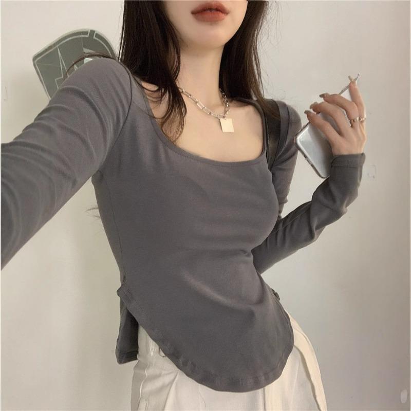 Autumn New U Collar Solid Color Sexy Low Collar Irregular Slim Long Sleeve T-shirt Women with A Base Shirt Top