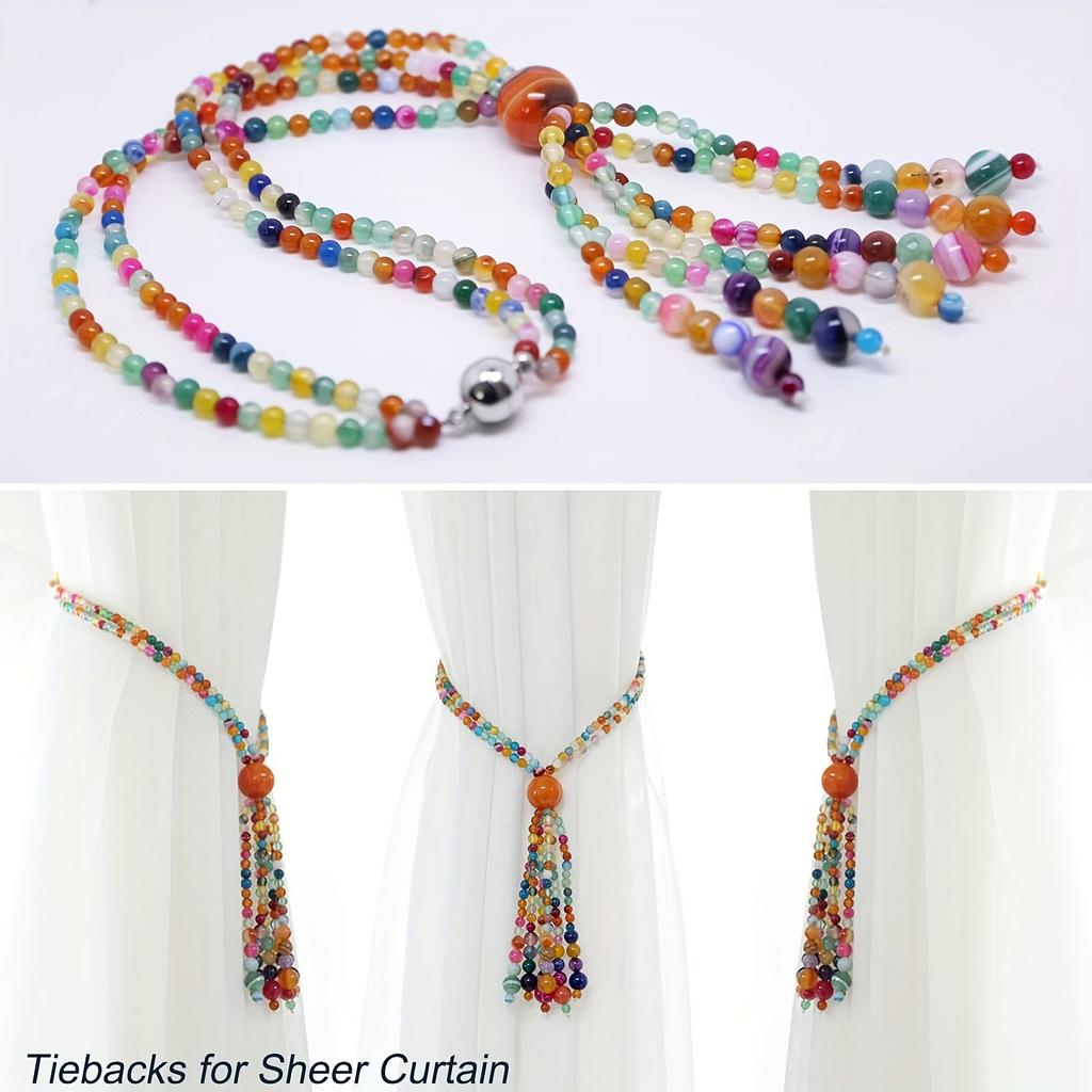 Orange Natural Bead Curtain Tiebacks with Colorful Glass Beads and Magnetic Clasp