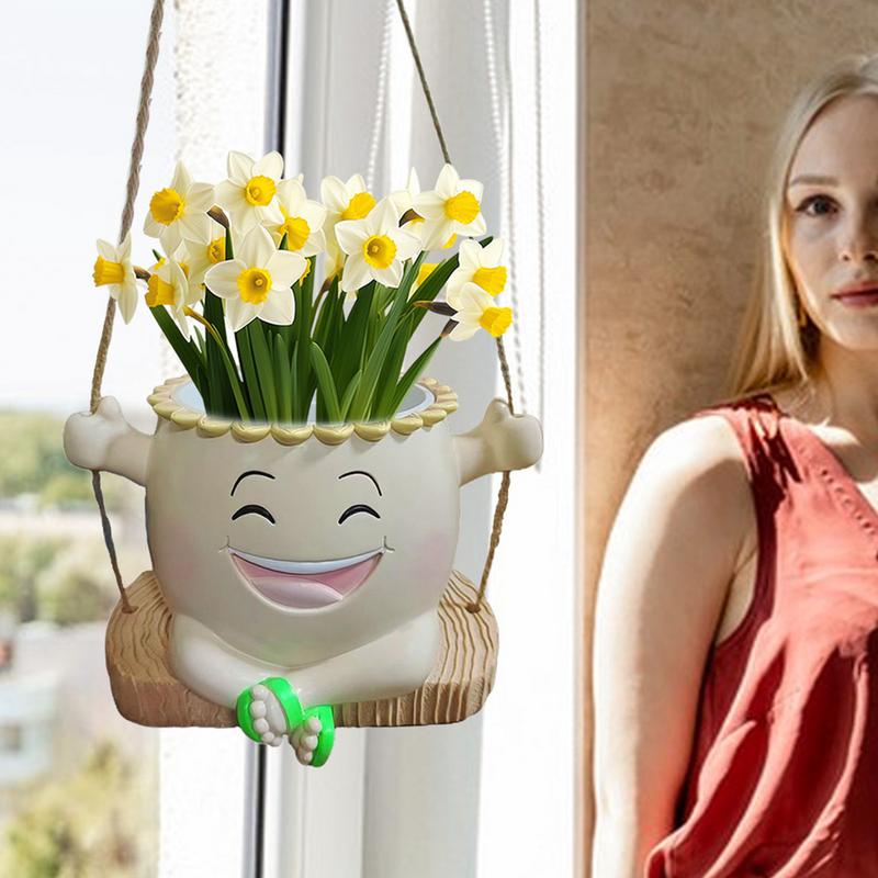 Swing Face Planter Pot Swing Chair Flower Head Resin Planter Cartoon Hangable Outdoor Flower Planter With Drainage Hole For