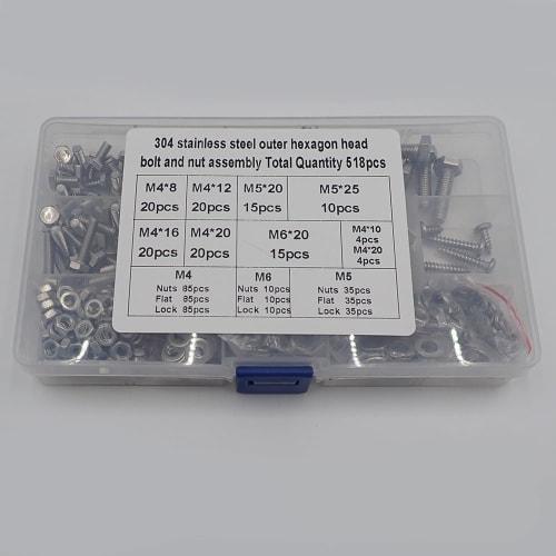 Stainless Steel Hex Bolt and Nut Set, M4/M5/M6 Hex Screw Set, 518-Piece Set, Stainless Steel Bolts, Nuts, Washers, Bolt Set, Screws, Hex Wrench Storag