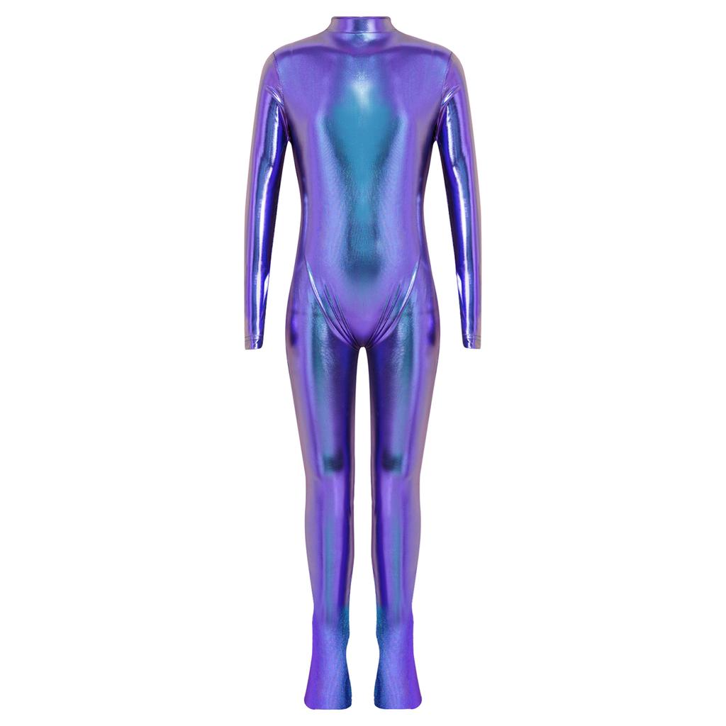 Long Sleeve Front Zip Metallic Footed Bodysuit for Girls Shiny Unitard Jumpsuit Stage Performance Dance Competition