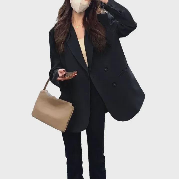 Women's Brown Double-Breasted Loose Suit Jacket - 2024 Autumn Korean High-End Fashion Trend