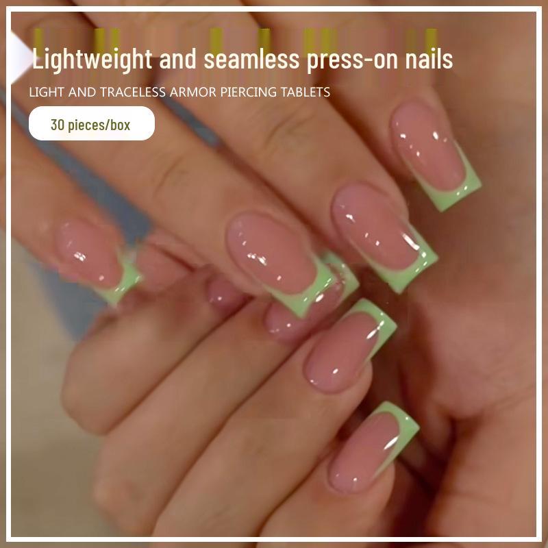 

European & American Green Edge French Nails: Medium Square Wearable & Removable Nail Art Stickers Glue Version