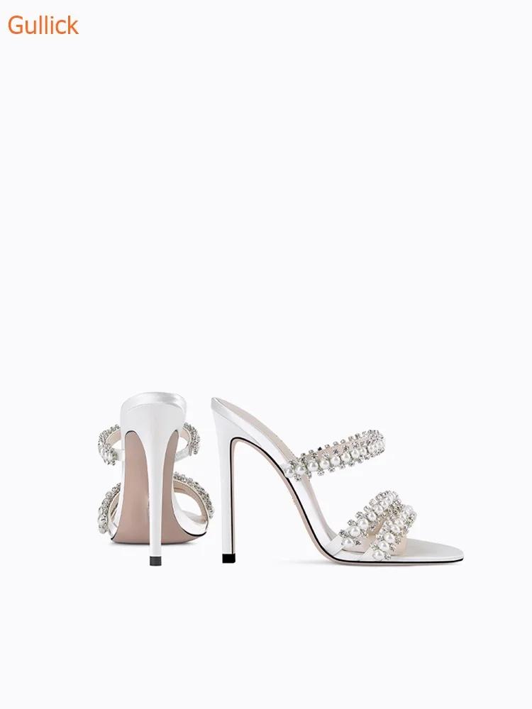 Fashion Crystal Pearl Slip On Slippers String Bead Thin Heels Modern Sandals Pointed Toe Summer Women Shoes Stiletto Heel Slides