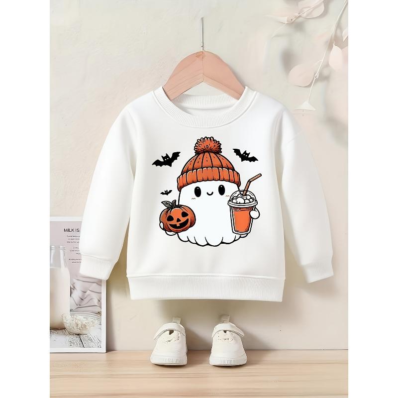 European Sizes Kids Halloween Ghost And Bat Print Long Sleeve Round Neck Sweatshirt, Casual Knit Top, Regular Length, All-Season Fashion Sweatshirt