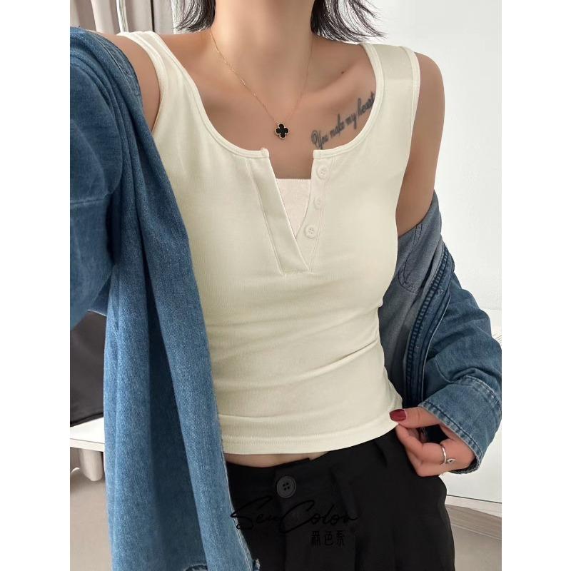 Simple Fashion Integrated Round Neck Fake Two Wide Shoulder Back Heart Female Slimming Thread Matching Sleeveless