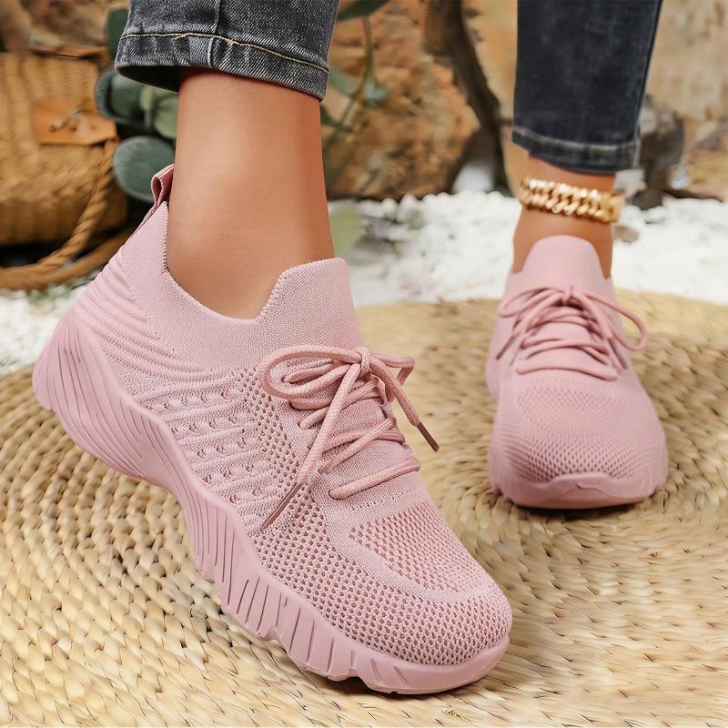 Women's Breathable Knit Mesh Casual Sports Shoes, Lightweight Solid Color European Style Footwear, Available In Large Sizes.