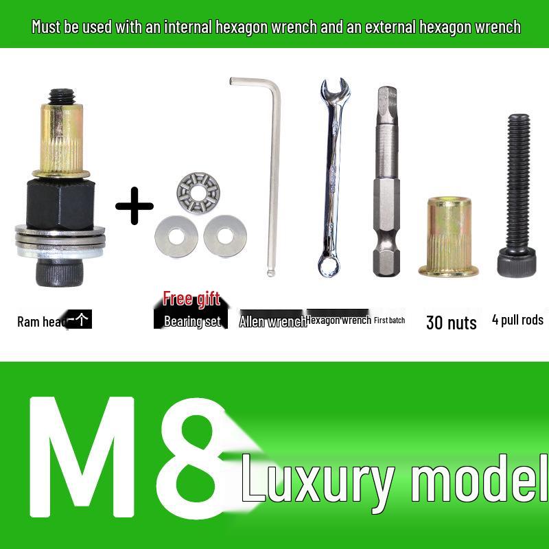 Multi-Purpose Electric Rivet Tool with Manual Wrench and Nut Head Attachment