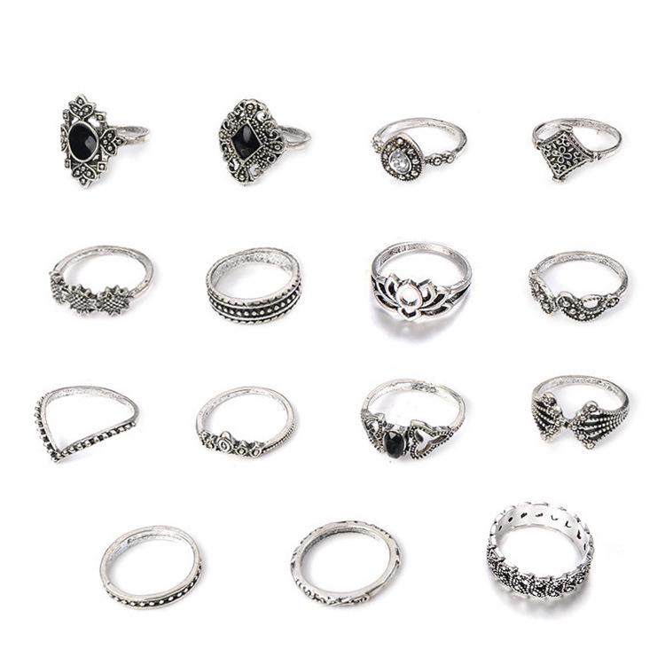 Bohemian Retro Antique Silver Lotus Ring Set for Women - 15 Pieces