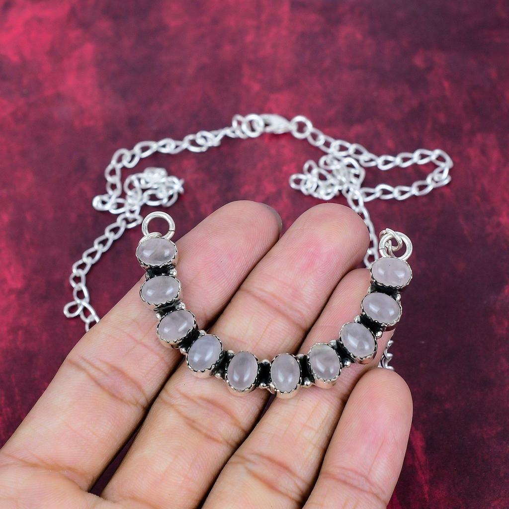 Rose Quartz Necklace, Gemstone 925 Sterling Silver Handmade Wonderful Jewelry Necklace, Gift for Introverted